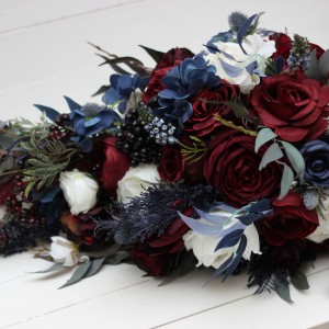 Wedding bouquet in burgundy white navy blue colors. Bridal bouquet. Cascading bouquet. Faux bouquet. Bridesmaid bouquet. 5051