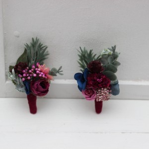 Jewel-tone wedding. Wedding boutonnieres and wrist corsage  in emerald green purple magenta teal color scheme. Flower accessories. 5055