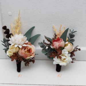  Wedding boutonnieres and wrist corsage  in orange rust cinnamon peach color scheme. Flower accessories. 5058