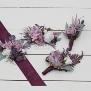  Wedding boutonnieres and wrist corsage  in lilac white mauve color scheme. Flower accessories. 5059-1