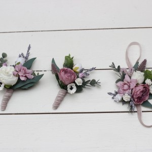  Wedding boutonnieres and wrist corsage  in lilac white mauve color scheme. Flower accessories. 5059-2