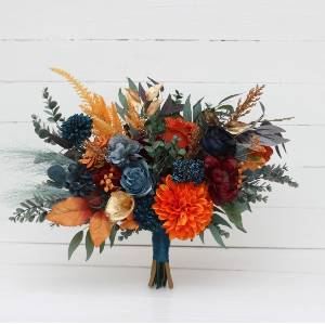 Dark teal rust gold bouquet. Navy blue orange flowers. Bridal bouquet.  Faux bouquet. Bridesmaid bouquet. 5208