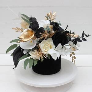 White black gold centerpiece. Table decor. Wedding flowers in box. 5065 White black gold centerpiece. Table decor. Wedding flowers in box. 5065