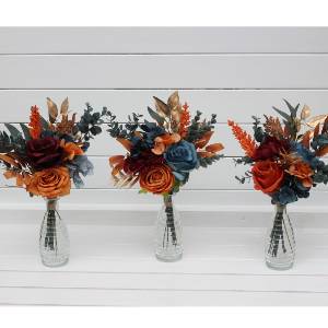 Mini bouquets for vases in rust teal burgundy gold color scheme. Flowers for wedding decor. Table flowers. Centerpiece. 5208