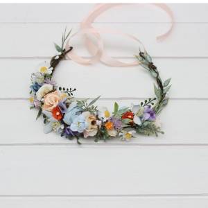 Wildflowers flower crown Colorful flower crown Flower girl crown Peach orange dusty blue ivory lilac flowers. 5364