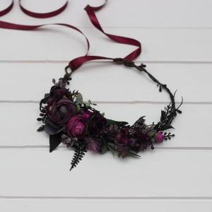 Black purple magenta flower crown. Hair wreath for wedding or Gothic Halloween ceremony.5370