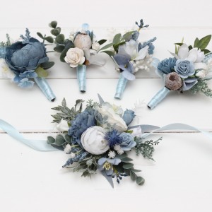  Wedding boutonnieres  in dusty blue white color scheme. Flower accessories. 5061