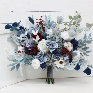 Wedding bouquets in dusty blue navy blue burgundy white colors. Bridal bouquet. Cascading bouquet. Faux bouquet. Bridesmaid bouquet. 5063