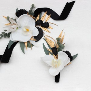  Wedding boutonnieres and wrist corsage  in black gold white color scheme. Flower accessories. 5065