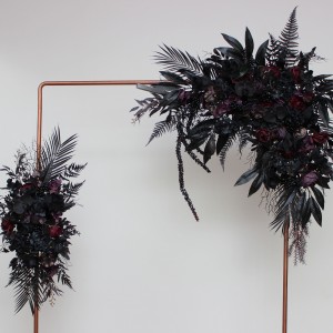 Halloween wedding. Black deep purple flowers. Flower arch arrangement .Wedding flowers. Pergola flowers. Faux flowers. Gothic wedding. 5070