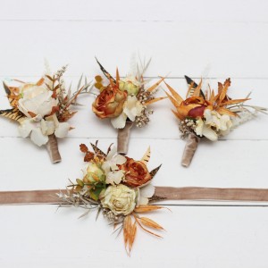  Wedding boutonnieres and wrist corsage  in rust ivory color scheme. Flower accessories. 5072