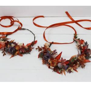 Rust purple orange flower crown. Hair wreath. Flower girl crown. Wedding flowers. 5073