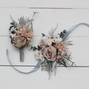  Wedding boutonnieres and wrist corsage  in beige white gray color scheme. Flower accessories. 5078