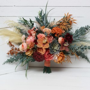Wedding bouquets in coral burgundy peach colors. Bridal bouquet. Faux bouquet. Bridesmaid bouquet. 5079