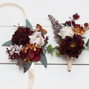  Wedding boutonnieres and wrist corsage  in cinnamon burgundy blush pink rust  color scheme. Flower accessories. 5082