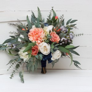 Wedding bouquets in navy blue coral ivory colors. Bridal bouquet. Faux bouquet. Bridesmaid bouquet. 5084