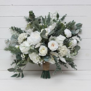 Wedding bouquets in white colors. Bridal bouquet. Cascading bouquet. Faux bouquet. Bridesmaid bouquet.White rose peony bouquets. 5087