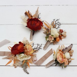  Wedding boutonnieres and wrist corsage  in orange ivory rust terracotta color scheme. Flower accessories. 0036