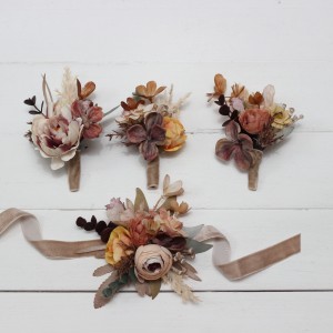  Wedding boutonnieres and wrist corsage  in cinnamon ivory pale orange color scheme. Flower accessories. 5093