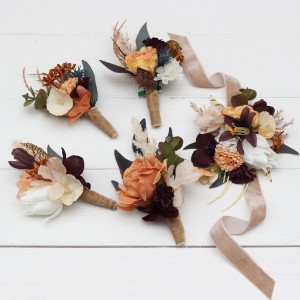  Wedding boutonnieres and wrist corsage  in deep purple terracotta beige color scheme. Flower accessories. 5095