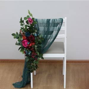 Aisle flowers in jewel-tone scheme. Chair flowers. Sign flowers. Wedding flowers. Flowers for wedding decor. 5187