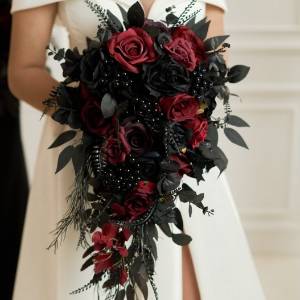 Bouquets in black and burgundy color scheme. Bridal bouquet. Faux bouquet. Bridesmaid bouquet. Cascading bouquet. 5325