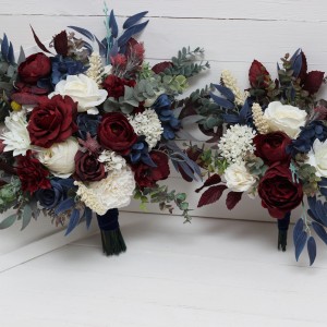 Wedding bouquets in burgundy ivory navy blue colors. Bridal bouquet. Cascading bouquet. Faux bouquet. Bridesmaid bouquet. 5097