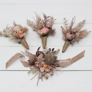  Wedding boutonnieres and wrist corsage  in terracotta dusty rose beige color scheme. Flower accessories. 5102