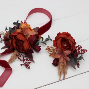  Wedding boutonnieres and wrist corsage  in burnt orange red burgundy  color scheme. Flower accessories. 5103-2