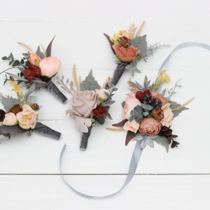  Wedding boutonnieres and wrist corsage  in gray peach brown color scheme. Flower accessories. 5106