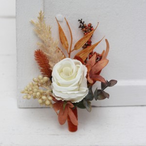  Wedding boutonnieres and wrist corsage  in burnt orange ivory  color scheme. Flower accessories.5107