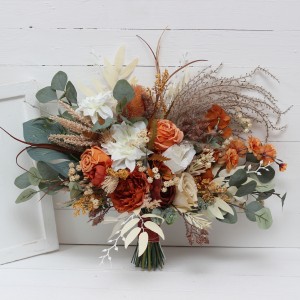Wedding bouquets in burnt orange ivory colors. Bridal bouquet. Faux bouquet. Bridesmaid bouquet. 5109