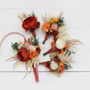  Wedding boutonnieres and wrist corsage  in burnt orange ivory color scheme. Flower accessories. 5109