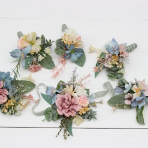 Wildflowers. Wedding boutonnieres and wrist corsage  in pink yellow dusty blue color scheme. Flower accessories. 5110