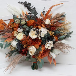 Wedding bouquets in burnt orange ivory navy blue colors. Bridal bouquet. Cascading bouquet. Faux bouquet. Bridesmaid bouquet. 5111