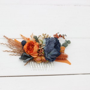 Flower comb in burnt orange ivory navy blue color scheme. Wedding accessories for hair. Bridal flower comb. Bridesmaid floral comb. 51111