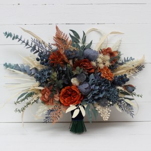 Wedding bouquets in rust blue ivory colors. Bridal bouquet. Faux bouquet. Bridesmaid bouquet. 5115