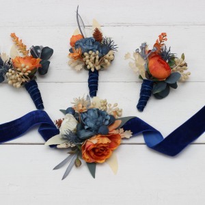  Wedding boutonnieres and wrist corsage  in rust blue ivory color scheme. Flower accessories. 5115