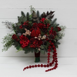 Winter pine bouquet. Red protea bouquet. Faux cones bouquet. Classic wedding. Vine silk flowers. Red green color scheme. Hunter green bouquet. 5117