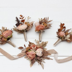  Wedding boutonnieres and wrist corsage  in cinnamon terracotta beige color scheme. Flower accessories. 5118