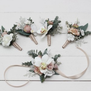  Wedding boutonnieres and wrist corsage  in white beige color scheme. Flower accessories. 5119-0023