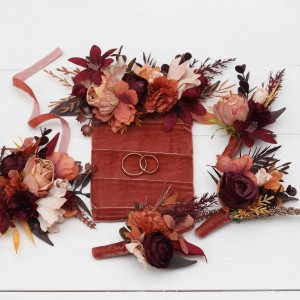  Wedding boutonnieres and wrist corsage  in burgundy terracotta color scheme. Flower accessories. 5121