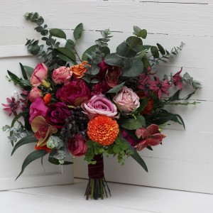 Jewel-tone wedding. Emerald green orange pink magenta flowers. Bridal bouquet. Faux bouquet. Bridesmaid bouquet. 5127