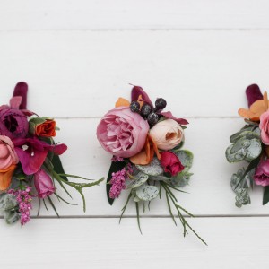  Wedding boutonnieres and wrist corsage  in jewel-tone color scheme. Flower accessories. 5127