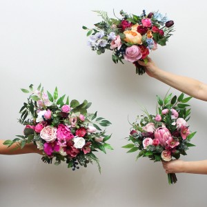 Jewel-tone wedding. Emerald green orange pink magenta flowers. Bridal bouquet. Faux bouquet. Boho wedding. Wedding flowers. Fuchsia bouquet . 5133-1