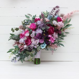 Wedding bouquets in jewel-tone colors. Bridal bouquet. Cascading bouquet. Faux bouquet. Bridesmaid bouquet. 5137