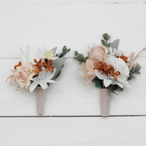  Wedding boutonnieres and wrist corsage  in beige white rust color scheme. Flower accessories. 5142