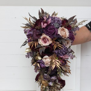 Wedding bouquets in purple gold beige colors. Bridal bouquet. Cascading bouquet. Faux bouquet. Bridesmaid bouquet. 5147