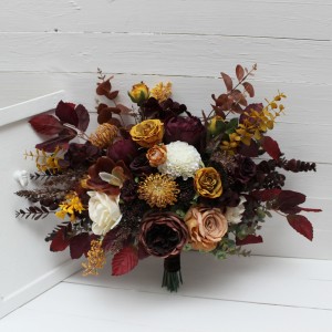 Wedding bouquets in deep purple ivory mustard colors. Bridal bouquet.  Faux bouquet. Bridesmaid bouquet. 5154