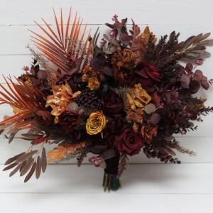 Wedding bouquets in burgundy rust mustard brown colors. Bridal bouquet. Cascading bouquet. Faux bouquet. Bridesmaid bouquet. 5155